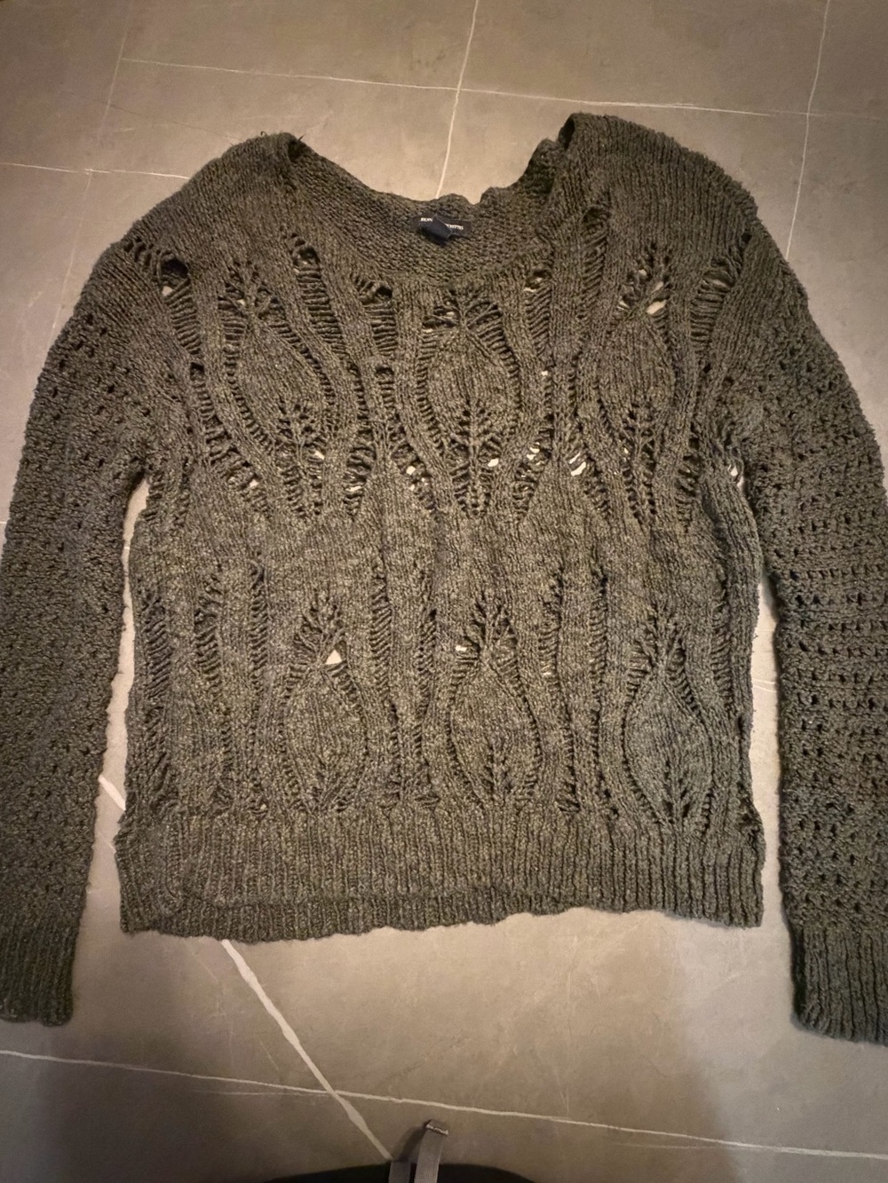 American Outfitters Open-Knit Crewneck Sweater in Olive Green